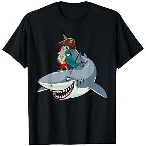 Pirate Parrot Riding A Shark I Turquoise Green Cheek Conure T-Shirt
