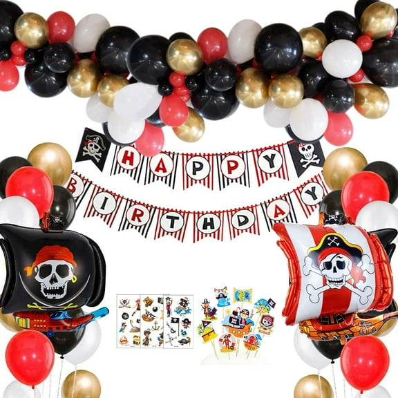 Pirate Party Decorations, Halloween Cosplay Themed Pirate Birthday Party Supplies Red Black Balloon Garland with Happy Birthday Banner Boat Balloon Cupcake Topper Tattoo Sticker