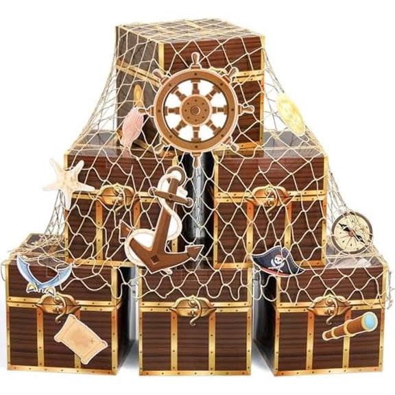 Pirate Party Decorations Pirate Imitation Wooden Boxes Treasure Wooden Favor Boxes Fishing Net Car Trunk or Treat Decor Ocean Adventure Birthday Cardboard For Party Supplies Photo Booth Props