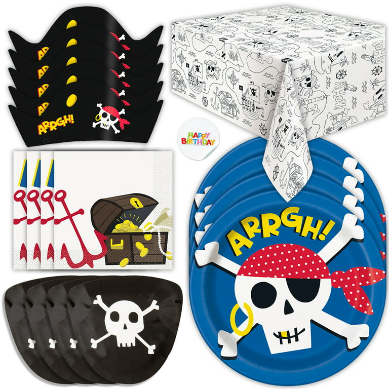 Pirate Party Supplies, Nautical Party Decorations, Includes Skull Plates,  Pirate Party Table Cover, Napkins, Pirate Hats, and Eye Patches