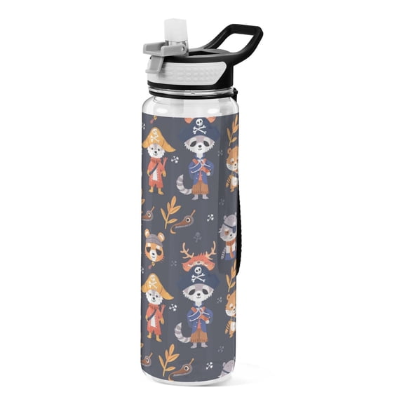 Pirate Raccoons Leaves Sports Water Bottle Portable Travel Mug 32oz BPA Free Leak Proof Straw Transparent Tritan for Gym Yoga Cycling Camping
