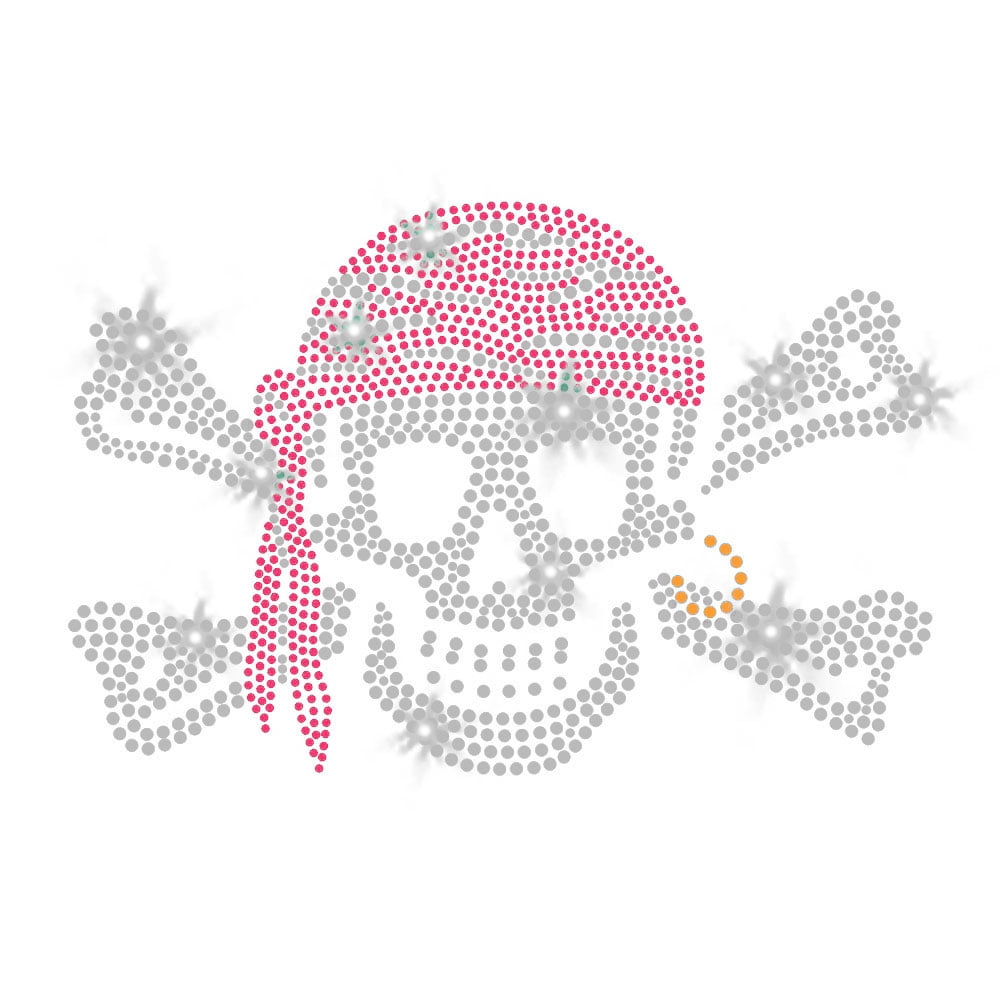 Pirate Raider Skull Crossbones Buccaneer Mascot Cute Halloween Sparkly Iron-on Clear Crystal Rhinestone Pink Rhinestud T-Shirt Transfer by JCS Rhinestones