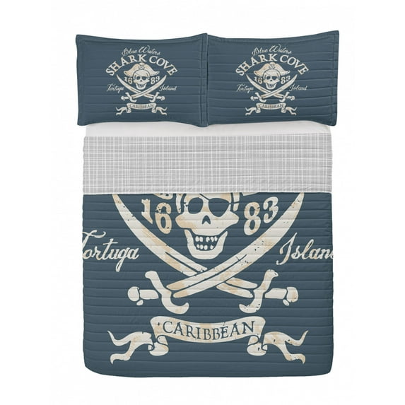 Pirate Reversible Bedspread Set, Shark Cove Tortuga Island Caribbean Waters Retro Jolly Roger, Pillow Shams & Comforter Microfiber Bedding Set, 3 Sizes, Pale Mustard Slate Blue, by Ambesonne