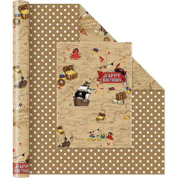 Pirate Reversible Wrapping Paper Roll - 1 Roll 17”x 33 ft Happy Birthday Wrapping Paper Roll Kids Treasure Map Birthday Gift Wrap Roll Boys Wrapping Paper Polka Dot Design for Pirate Party