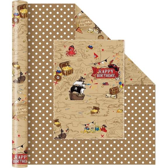 Pirate Reversible Wrapping Paper Roll - 1 Roll 17”x 33 ft Happy Birthday Wrapping Paper Roll Kids Treasure Map Birthday Gift Wrap Roll Boys Wrapping Paper Polka Dot Design for Pirate Party