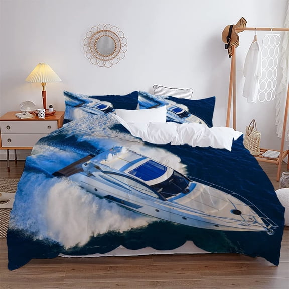 Pirate Sailboat Duvet Cover l Ocean Theme Boys Teen Bedding Cool Style Adult Bedding Set Wave Pattern Printed Room r