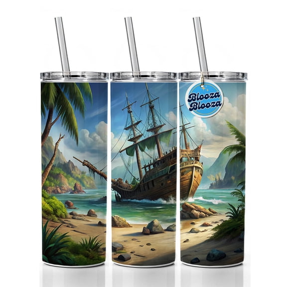 Pirate Sailing Ship Shipwreck 20oz Insulated Water Bottle Skinny Tumbler Includes Straw