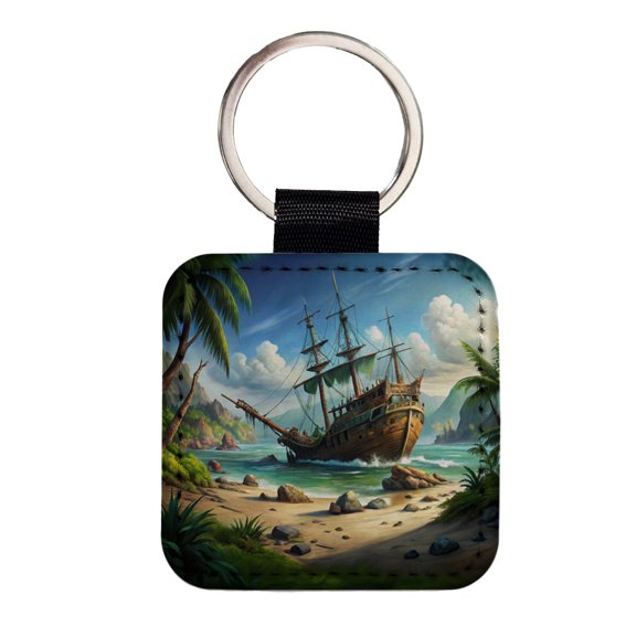 Pirate Sailing Ship Shipwreck Faux Leather Square Keychain