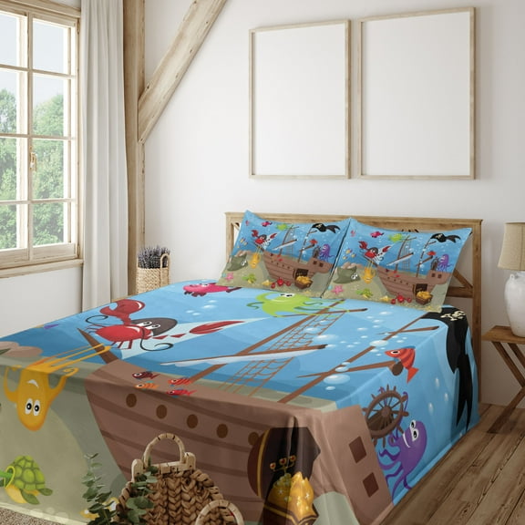 Ambesonne Pirate Fitted & Top Sheet Set with Shams, Ship Underwater Animals, Multicolor