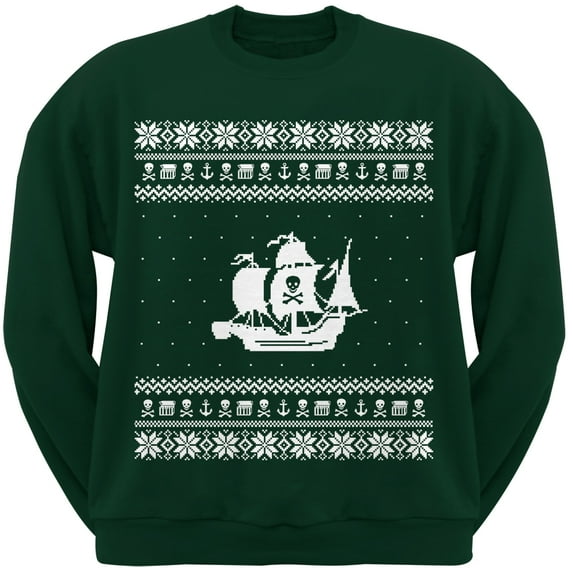 Pirate Ship Adult Green Crew Neck Sweatshirt