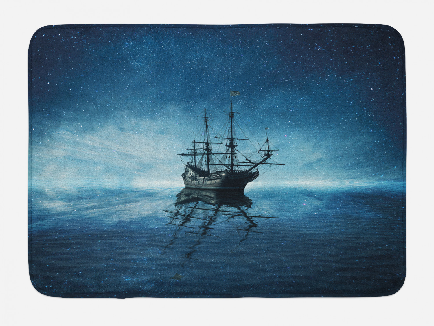 Pirate Ship Bath Mat, Ship on Dark Blue Sea with Starry Night Sky Water ...