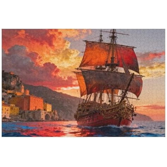 Pirate Ship Battleship 500 Piece Jigsaw Puzzle for Adults, Sunset Background Art, Challenging Family Game Night Brain Teaser, Fun Educational Home Decor Craft