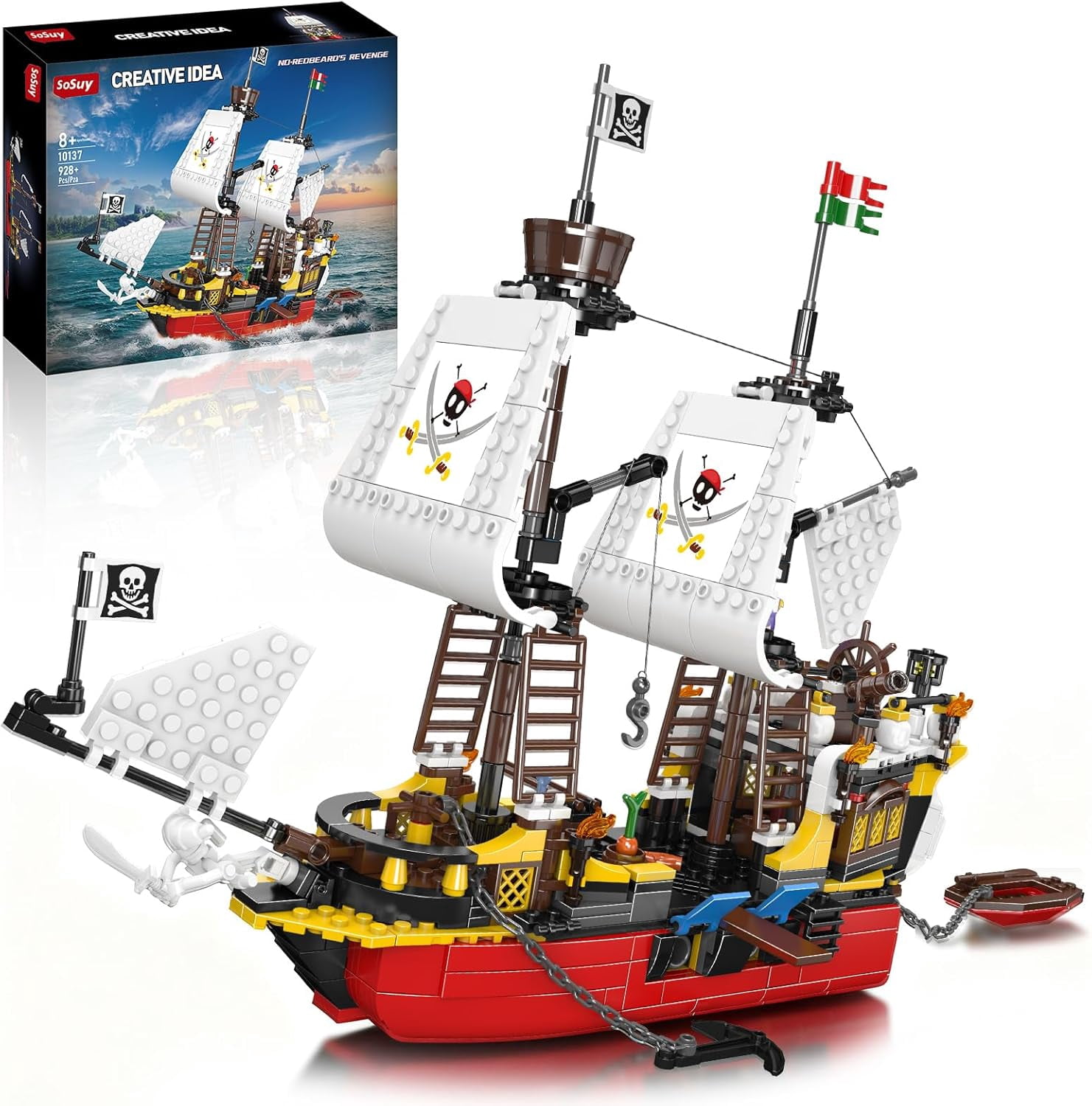 Pirate Ship Building Blocks Sets, Redbeard's Revenge Three Masted Boat STEM Toys for 8, Piece Pirate Boat Display Model with Dinghy Birthday for 928 PCS