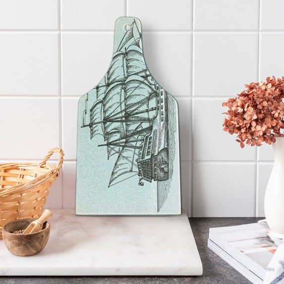 Pirate Ship Cutting Board, Old Retro Style Ship Floating on Water Antique Cruise Marine Sketch, Tempered Glass Cutting and Serving Board, Wine Bottle Shape, Charcoal Grey White, by Ambesonne
