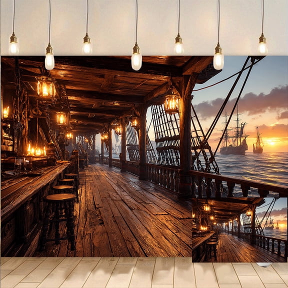 Pirate Ship Deck Sunset Ocean Backdrop Background Banner for Photo Decor