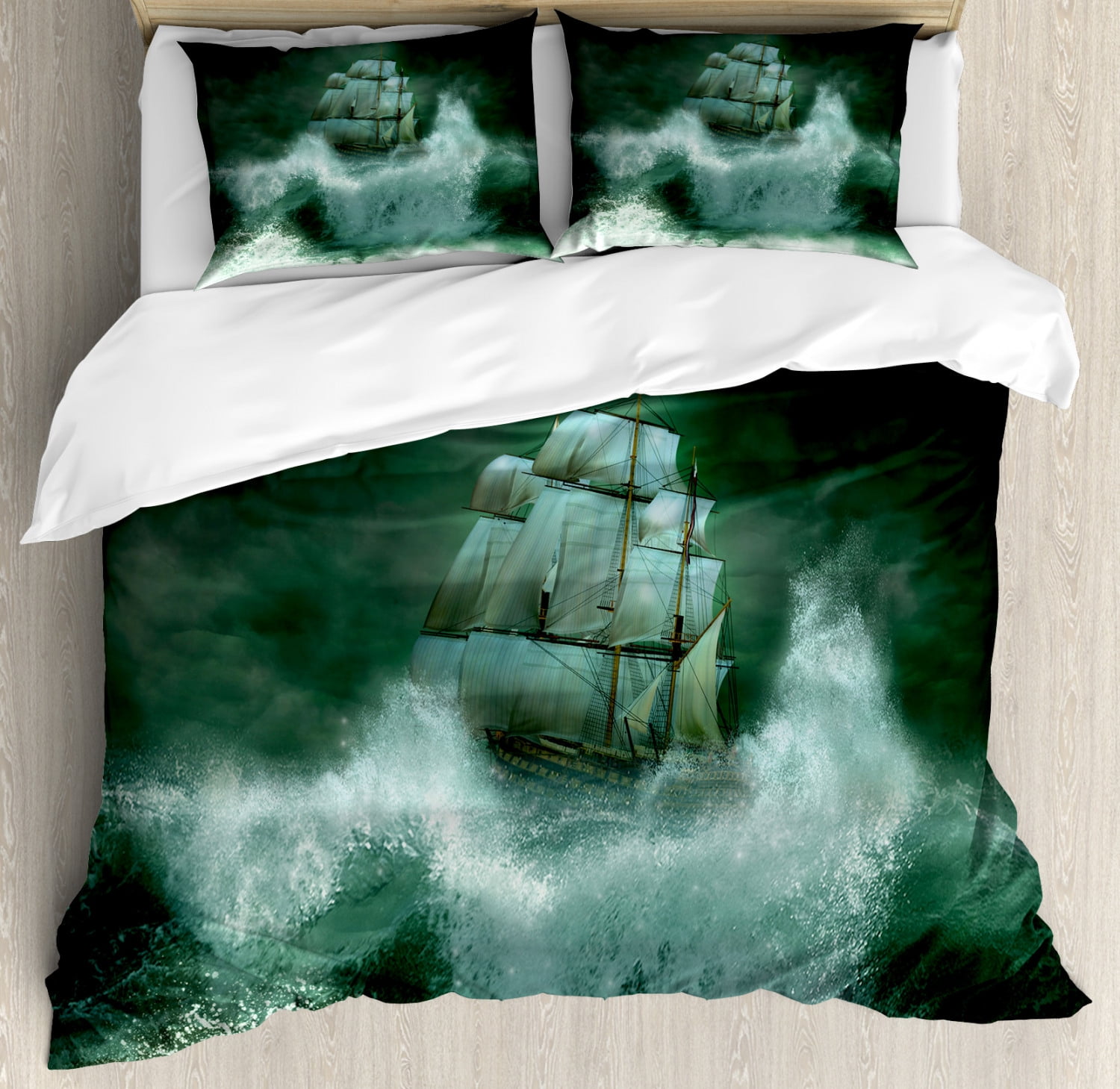 Queen Dark Green Pirate Ship 3-Piece Microfiber Duvet Cover Set