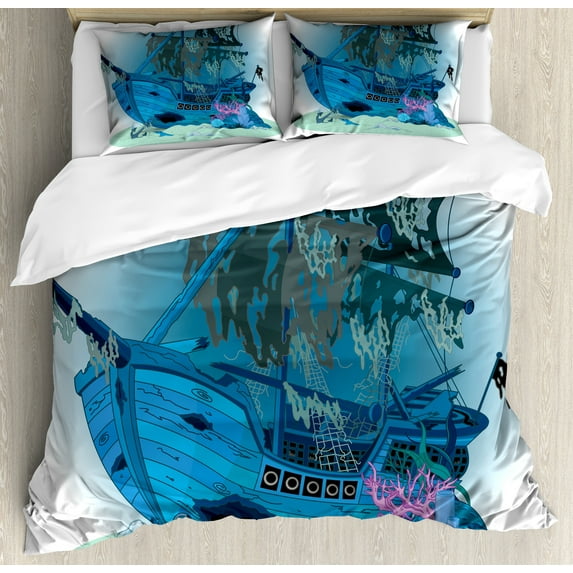 Pirate Ship Duvet Cover Set, Sunken Old Wrecked Buccaneer Vessel Antique Aquatic Underwater View, Decorative 3 Piece Bedding Set with 2 Pillow Shams, King Size, Blue Almond Green Pink, by Ambesonne
