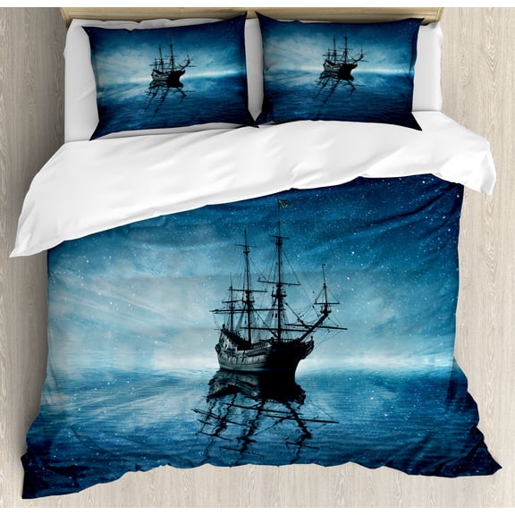 Pirate Ship Duvet Cover Set, Vessel on Dark Night Sea Starry Night Sky Water Reflection, Decorative 3 Piece Bedding Set with 2 Pillow Shams, Calking Size, Pale Blue Dark Blue, by Ambesonne