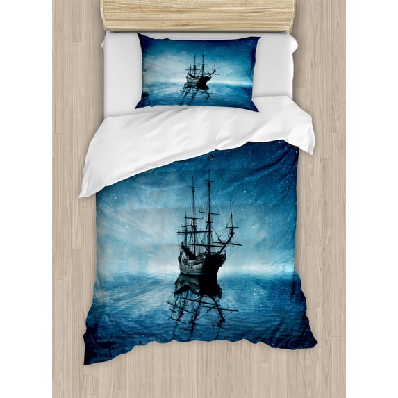 Pirate Ship Duvet Cover Set, Vessel on Dark Night Sea Starry Night Sky Water Reflection, Decorative 2 Piece Bedding Set with 1 Pillow Shams, Twin Size, Pale Blue Dark Blue, by Ambesonne