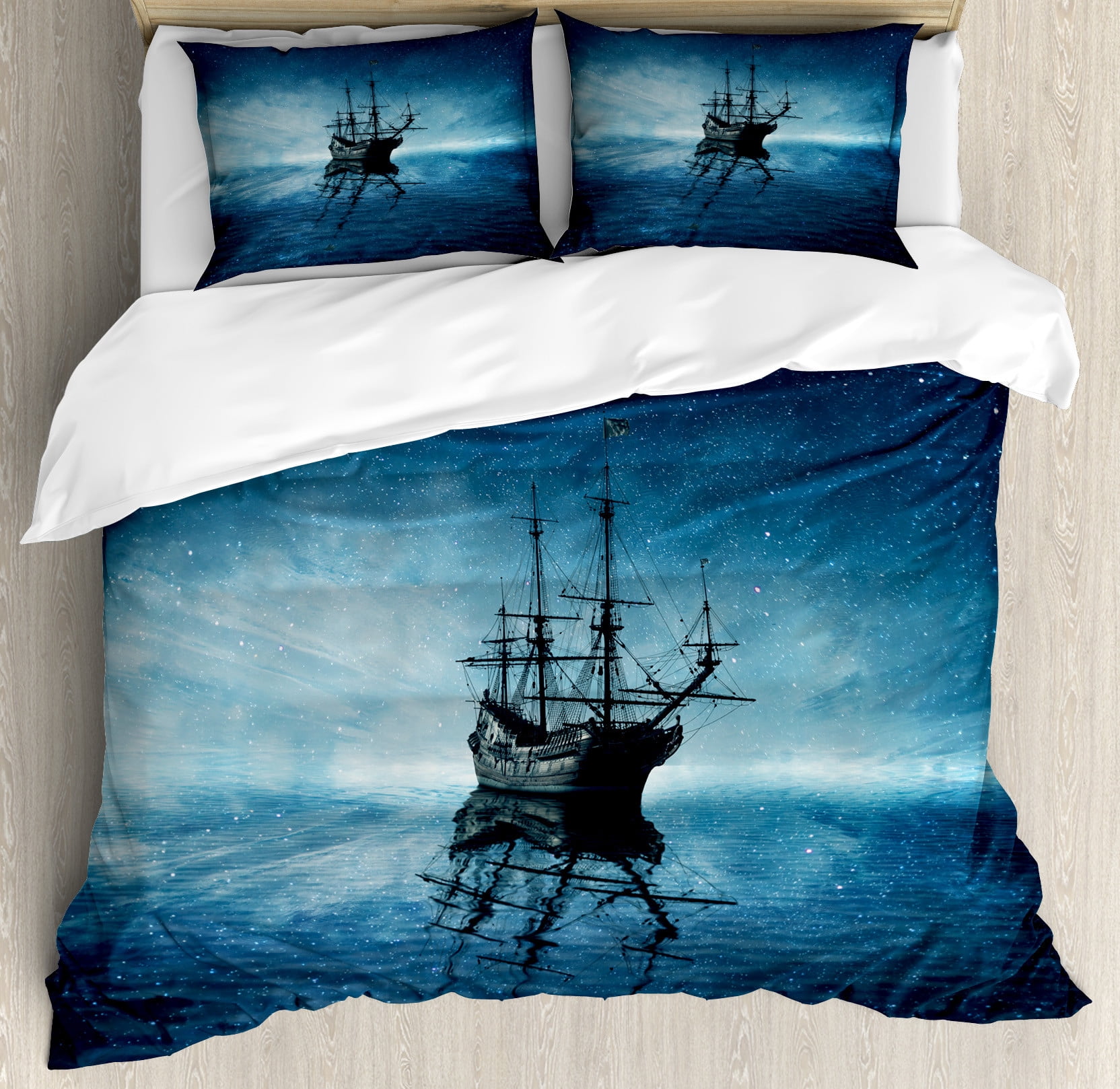 Pirate Ship Duvet Cover Set, Vessel on Dark Night Sea Starry Night Sky ...