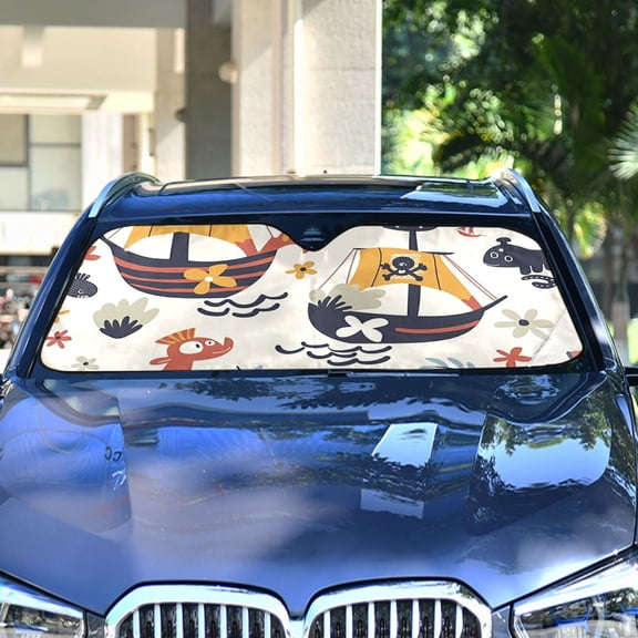 Pirate Ship Flowers Leaves Automotive Front Car Windshield Sun Shade Reflector Foldable for Front Fit for Cars Truck SUVs