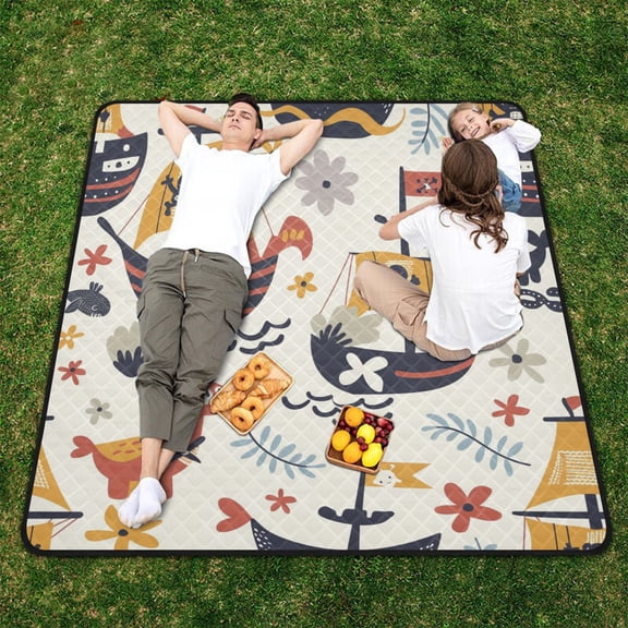 Pirate Ship Flowers Leaves Beach Blanket Outdoor Picnic Blanket 78"x 78" Waterproof Foldable for Beach Camping Travel Hiking Grass Lawn Park
