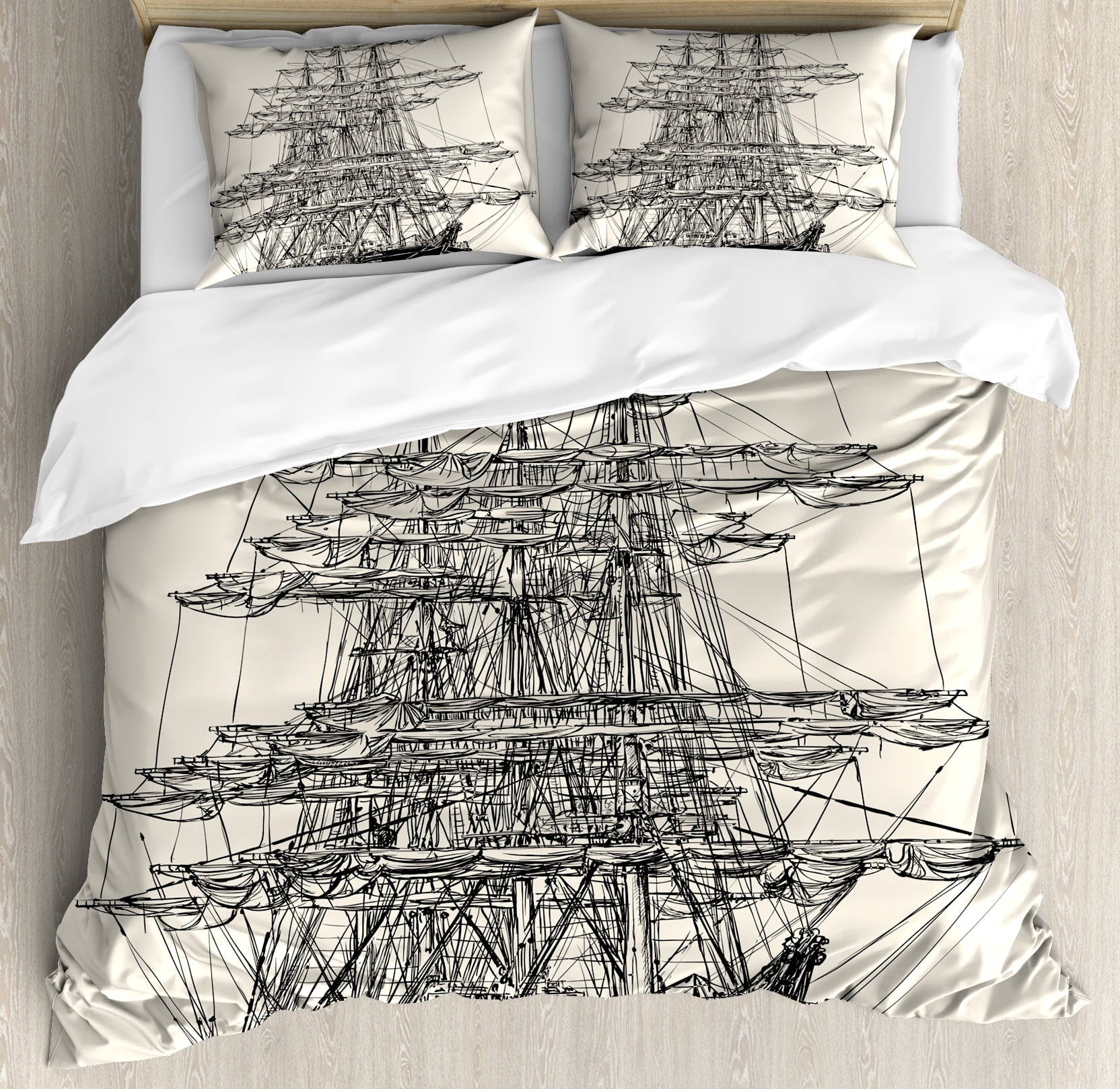 Cream and Black Nautical King Duvet Cover Set with Pillow Shams