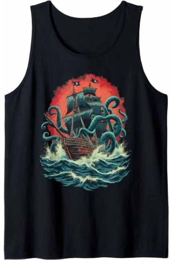 Pirate Ship Kraken Ocean Battle Giant Octopus Sea Monster Tank Top Size S-3XL