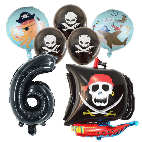 Pirate Ship Number 6 Birthday Party Balloons Foil Set Black Blue Kids
