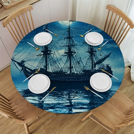 Pirate Ship Round tablecloth with elastic edge, Ship on Dark Blue Sea with Starry Night Sky Water Reflection