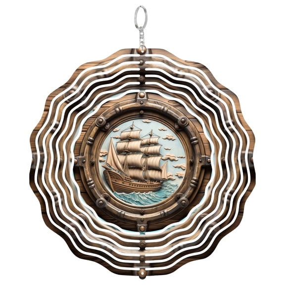 Pirate Ship Sailing Wood Porthole View 3D Wind Spinner, Stainless Steel Kinetic Art, Nautical Adventure Yard Gift, Round