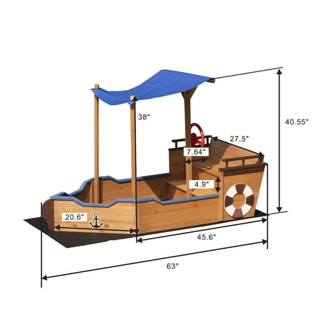 Pirate Ship Sandbox with Cover & Storage Bench, Natural Wood Outdoor Sandbox for Kids Ages 3-8 - Includes Rudder & Seats, 63"L x 30.7"W