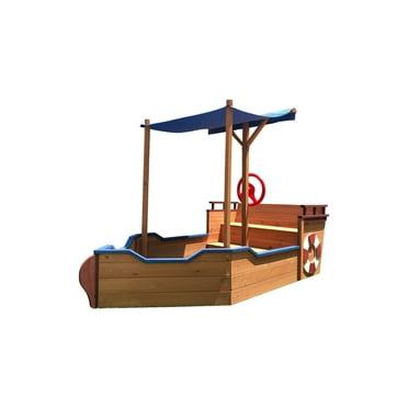Pirate Ship Sandbox with Cover and Rudder,Wooden Sand Box with Storage Bench and Seat,Outdoor Toy Sand Pit for Kids Beach Patio Backyard