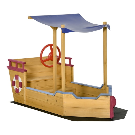 Pirate Ship Sandbox with Cover and Rudder, Wooden Sandbox with Storage and Seat, Outdoor Toy for Kids Ages 3-8 Years Old