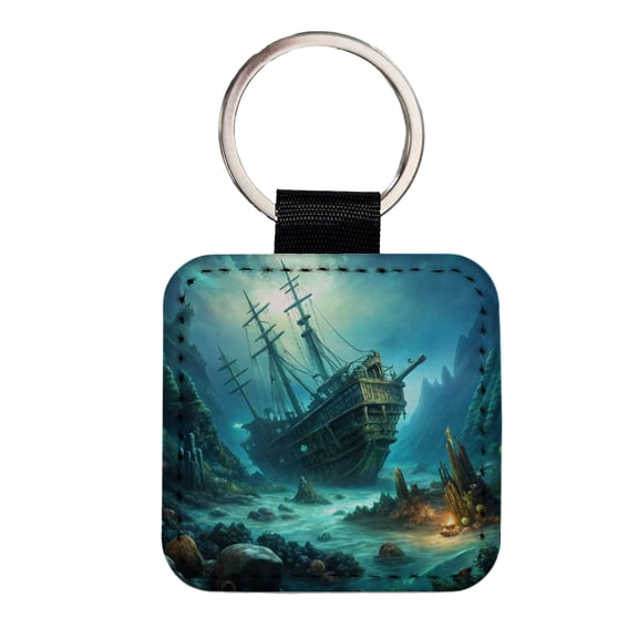 Pirate Ship Shipwreck Under The Ocean Faux Leather Square Keychain