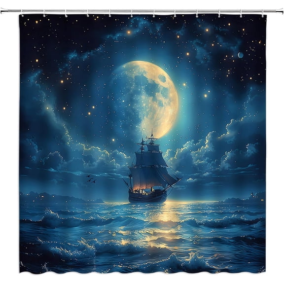 Pirate Ship Shower Curtain, Nautical Sailboat Ocean Full Moon Waterproof Bathroom Curtain with Hooks, Coastal Adventure Decor 36"W x 72"H