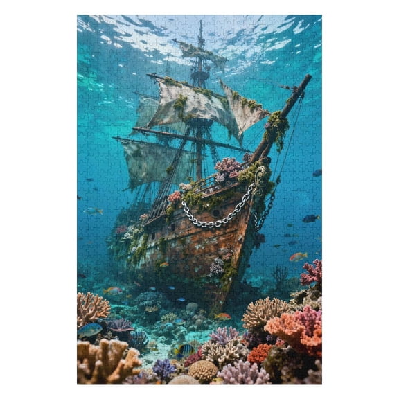 Pirate Ship Sinking 1000 Piece Jigsaw Puzzles for Adults Tropical Fish Scene Art Jigsaw Puzzle Colorful DIY Puzzles for Home Decoration Gifts Family Puzzle Perfect for Game Nights 30x20 in