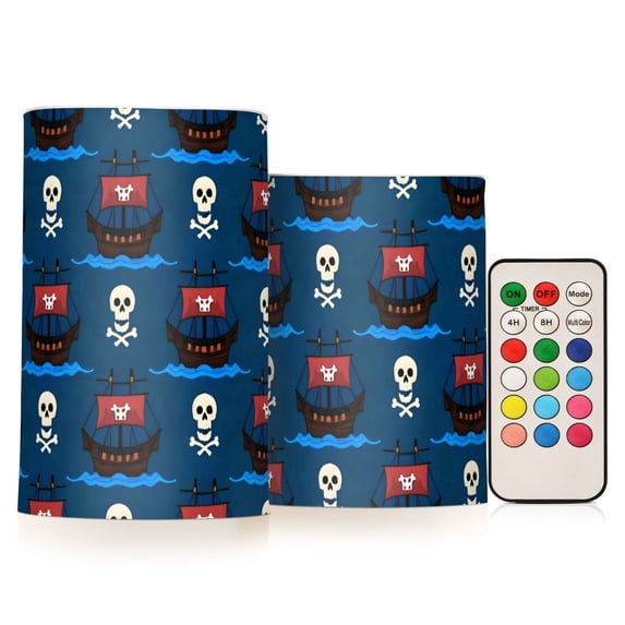 Pirate Ship Skull Pattern Flameless LED Candle Set with Remote, Battery Operated Color Changing Pillar Candles, Set of 2