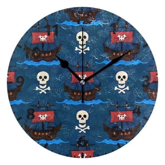 Pirate Ship Skull Pattern Wall Clock 10in Round Artistic Oil Painting Home Decor Desk Table Clock
