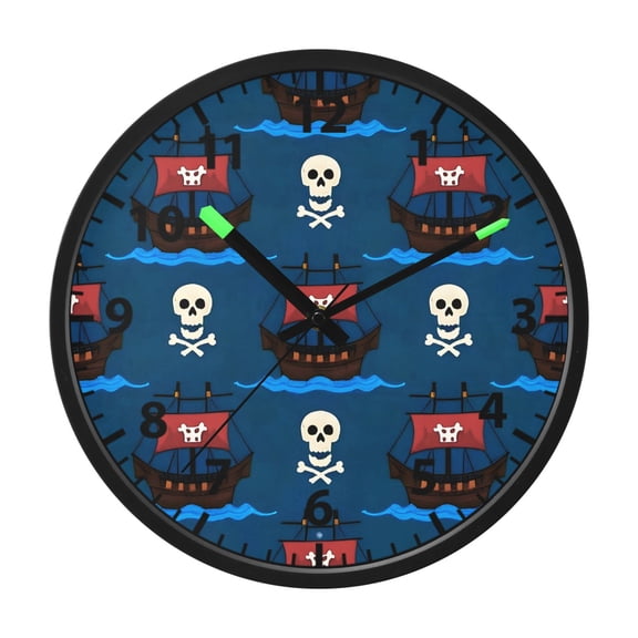 Pirate Ship Skull Pattern Wall Clock 12 Inch Voice Activated Night Light Silent Non Ticking