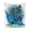 thumbnail image 1 of Pirate Ship Soft Flannel Fleece Blanket, Sunken Old Wrecked Buccaneer Vessel Antique Aquatic Underwater View, Cozy Plush for Indoor and Outdoor Use, 50" x 60", Blue Almond Green Pink, by Ambesonne, 1 of 5