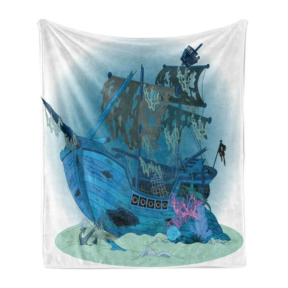 Pirate Ship Soft Flannel Fleece Blanket, Sunken Old Wrecked Buccaneer Vessel Antique Aquatic Underwater View, Cozy Plush for Indoor and Outdoor Use, 50" x 60", Blue Almond Green Pink, by Ambesonne