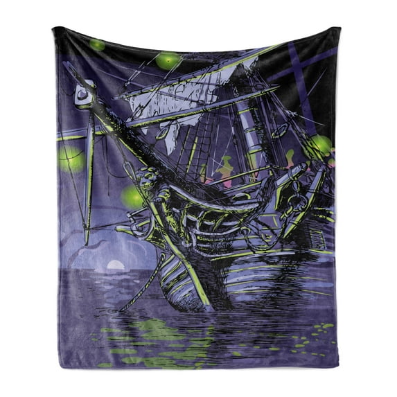 Pirate Ship Soft Flannel Fleece Throw Blanket, Ghost Ship on Fantasy Caribbean Ocean Adventure Island Haunted Vessel, Cozy Plush for Indoor and Outdoor Use, 50" x 70", Purple Lime Green, by Ambesonne
