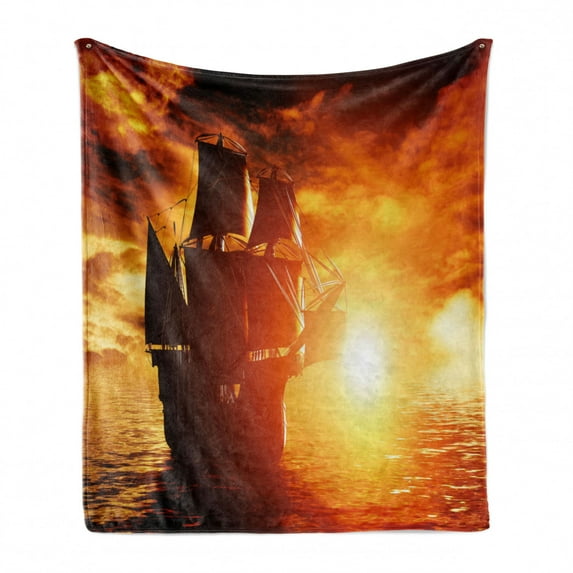 Pirate Ship Soft Flannel Fleece Throw Blanket, Pirate Ship Sailing on the Ocean at Sunset in Full Sail Print, Cozy Plush for Indoor and Outdoor Use, 50" x 60", Orange Yellow Black, by Ambesonne