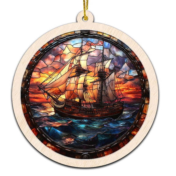 Pirate Ship Stained Glass Suncatcher Ornament Holiday Ornament with Text for Loved Ones, Family & Friends, Christmas 2025 Decoration
