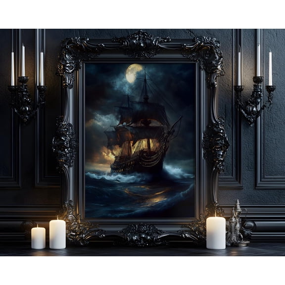 Pirate Ship Stormy Sea Illustration Nautical Fantasy Ocean Adventure Decorative Design Wall Art