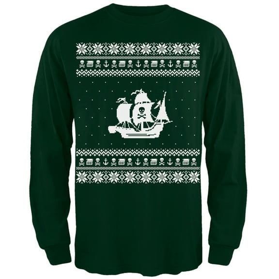 Pirate Ship Ugly Christmas Sweater Adult Green Long Sleeve T-Shirt - 2X-Large