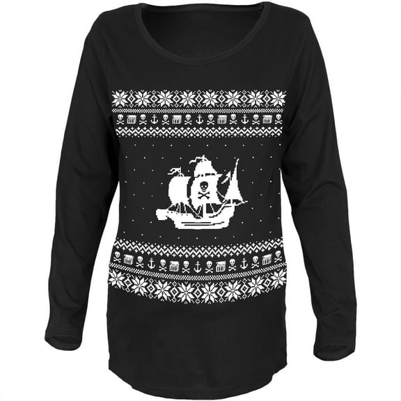 Pirate Ship Ugly Christmas Sweater Black Womens Soft Maternity Long Sleeve T-Shirt - X-Large