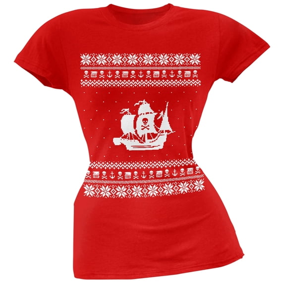 Pirate Ship Ugly Christmas Sweater Red Juniors T-Shirt - Large
