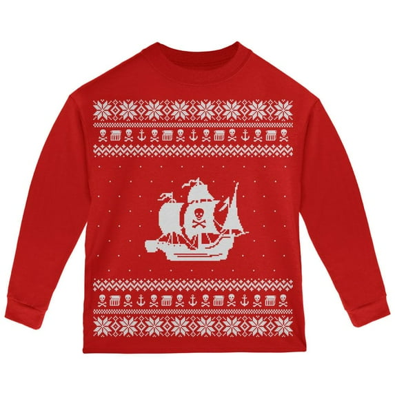 Pirate Ship Ugly Christmas Sweater Red Toddler Long Sleeve T-Shirt - 2T